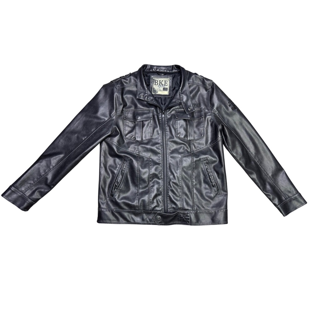BKE Men's Faux Leather Jacket Dark Gray Size Large Slim Fit Motorcycle Biker